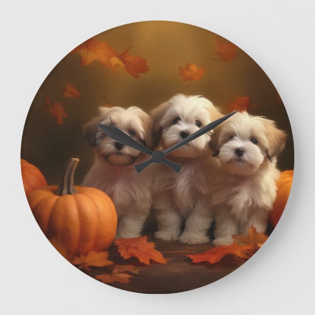 Havanese Puppy Autumn Delight Pumpkin Stor Klocka (Framsida)