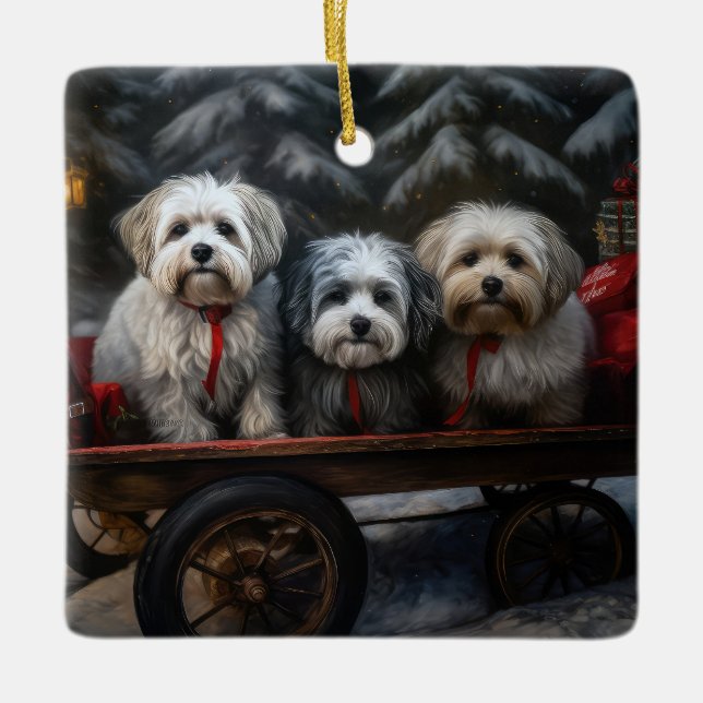 Havanese Snowy Sleigh-juldekalor Julgransprydnad Keramik (Framsida)