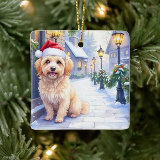 Havanese Snowy Village Walk Santa Hat Christmas Julgransprydnad Keramik (Träd)