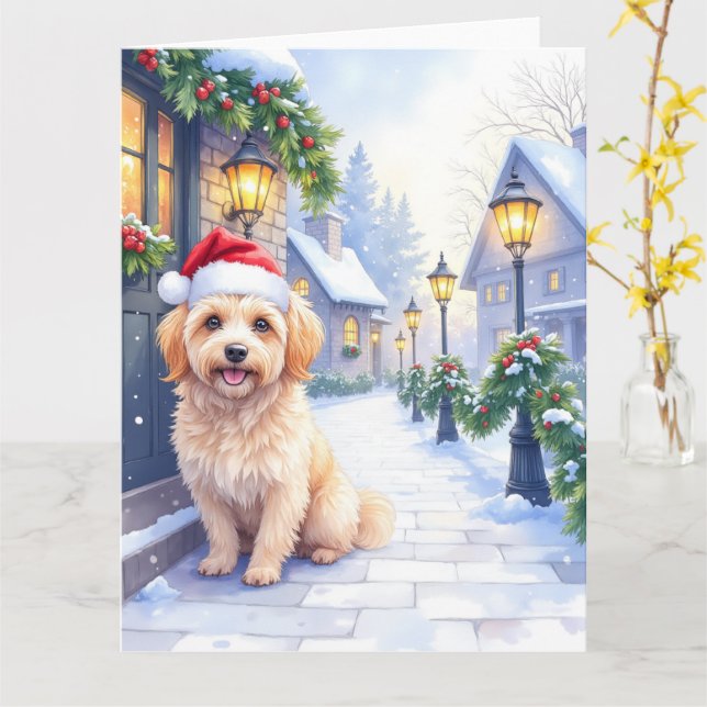 Havanese Snowy Village Walk Santa Hat Christmas Kort (Gul blomma)