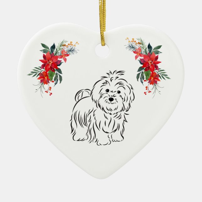 Havanese Teckning med Namn Poinsettia Julgransprydnad Keramik (Framsidan)