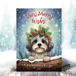 Havanese Winter Wonderland jul Pet Porträtt Julkort<br><div class="desc">Det här vackra Julhälsningar kortet har en söt Havanese-Hund som bär en frisk krona-andedräkt av vinter-blommigtar, holly, gräs och bär, där snöflingor försiktigt faller mot en Snowing Winter Wonderland Scene. Den lilla Havanian håller på att leta efter snö för att säga hej! Den lekfulla texten "Mycket merry Önskemål" lägger till...</div>