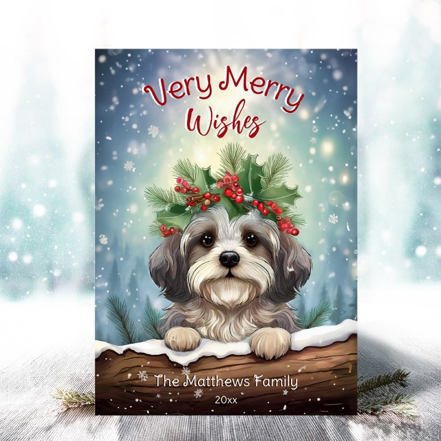 Havanese Winter Wonderland jul Pet Porträtt Julkort (Adorable Winter Snowy Scene With Peeking Dogs or Farm/Woodland Animals - Over 50 to Choose From!)