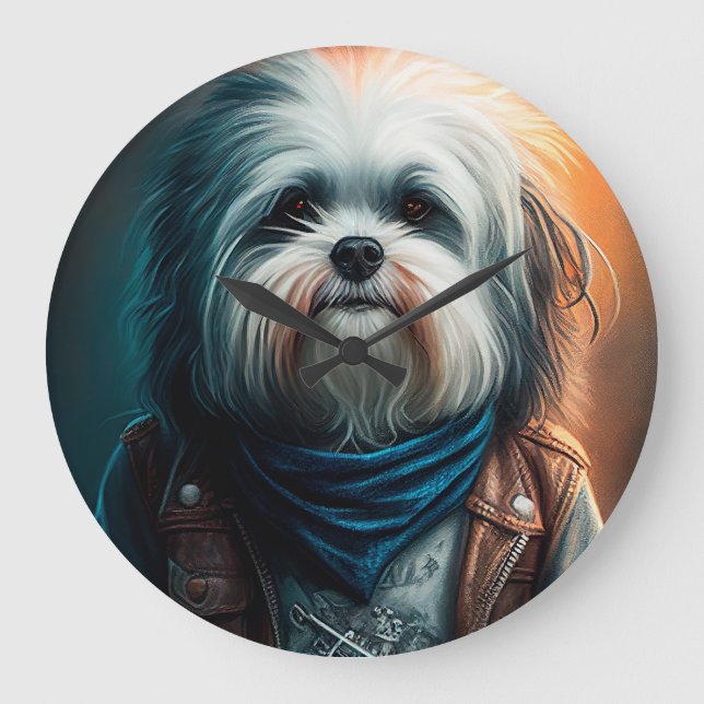 Havanesiska hund på cykel digital målning stor klocka (Framsida)