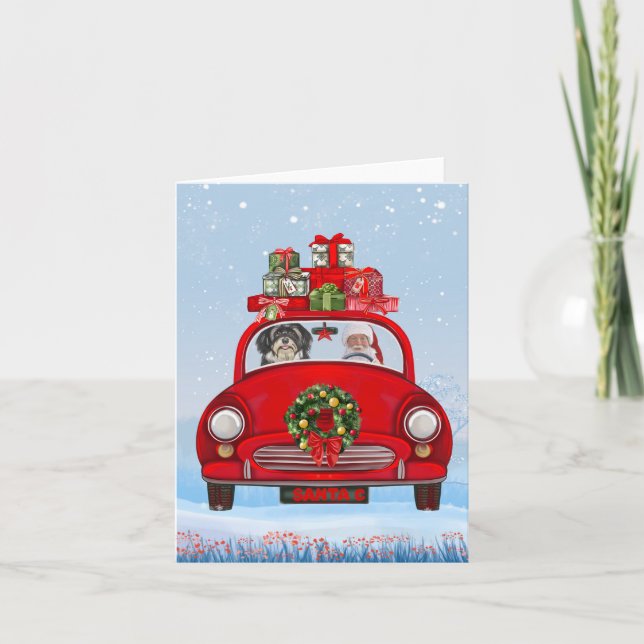 Havanesiska hundar i bil med tomte kort (Framsida)