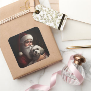 Havanesiska med Tomte Festiv Jul Fyrkantigt Klistermärke