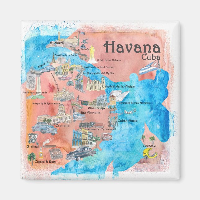 Havanna Cuba Illustrated Retro Travel Karta Magnet (Framsidan)