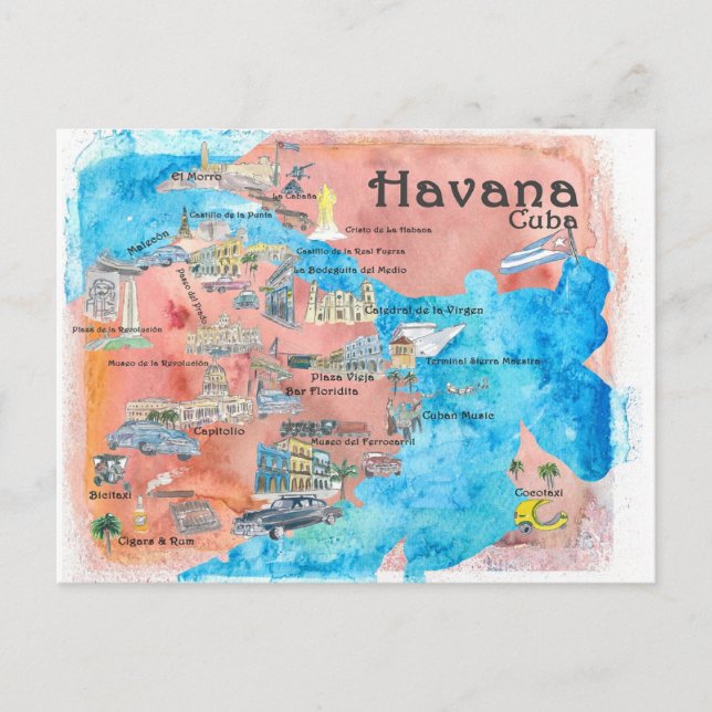 Havanna Cuba Illustrated Travel Karta Vykort (Framsida)