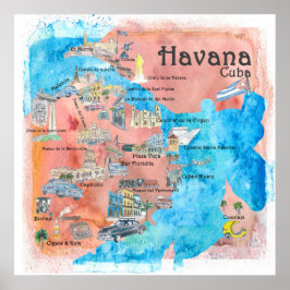 Havanna Cuba Illustrated Travel Poster Karta