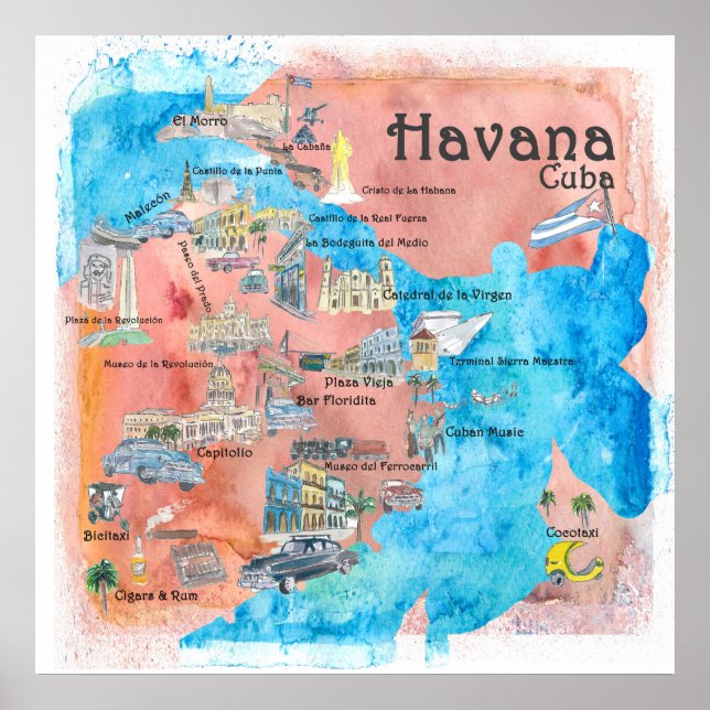 Havanna Cuba Illustrated Travel Poster Karta (Framsidan)