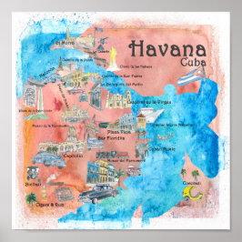 Havanna Cuba Illustrated Travel Poster Karta