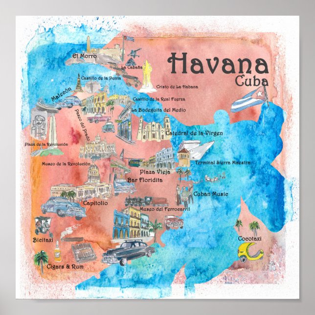 Havanna Cuba Illustrated Travel Poster Karta (Framsidan)
