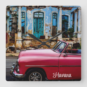 Havanna Cuba Red Vintage bil Fyrkantig Klocka