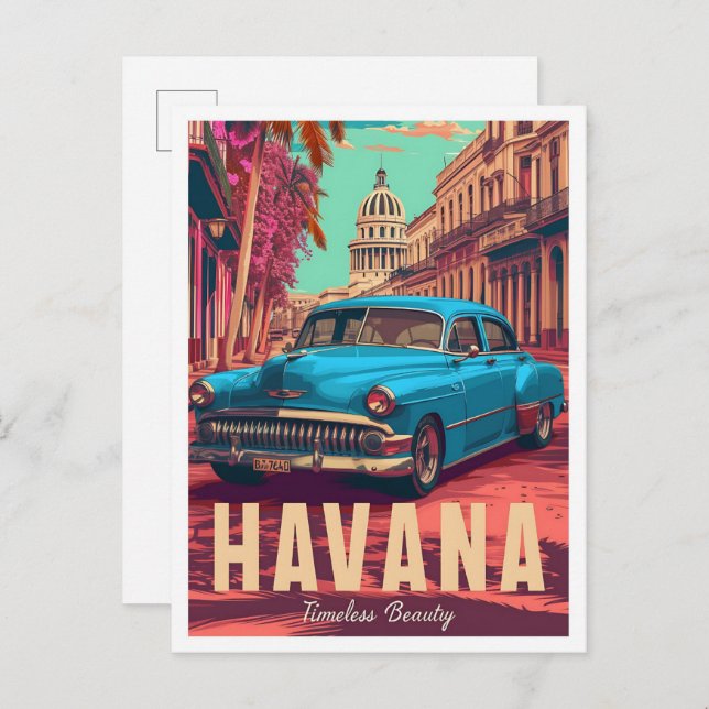 Havanna Cuba Vintage Art Travel Illustration Vykort (Fram/baksida)