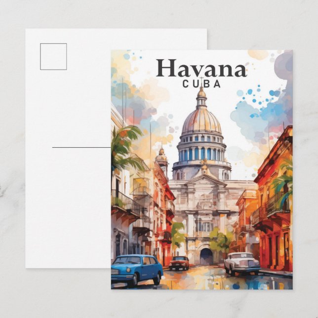 Havanna Cuba Watercolor Painting Travel Vykort (Fram/baksida)