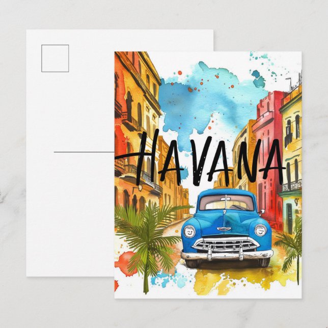 Havanna Cuba Watercolor Painting Travel Vykort (Fram/baksida)