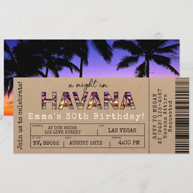 Havanna Nights Tropical Airline Biljett Birthday Inbjudningar (Fram/baksida)