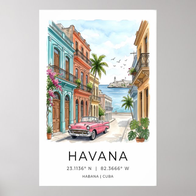 Havanna Väggkonsttryck Klassisk Bil, Pastellgata Poster (Framsidan)