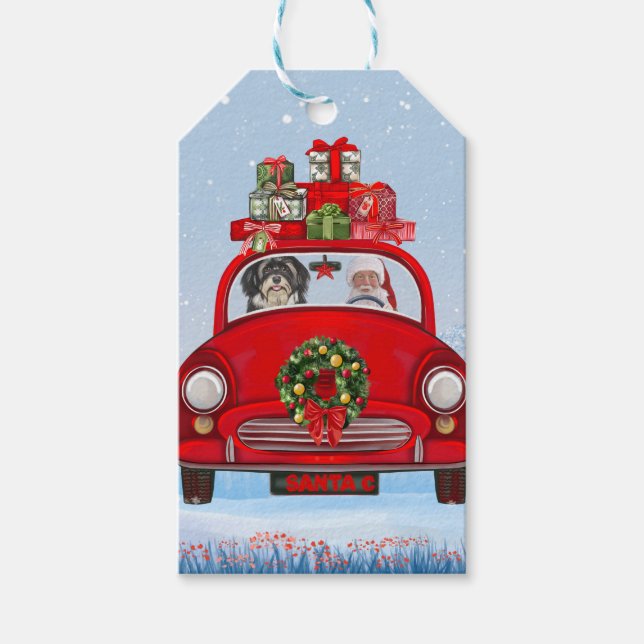Havansk Hund i bil med Jultomten Presentetikett (Framsidan)