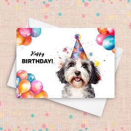 Havansk Hund med ballonger och Party Hat Birthday Kort