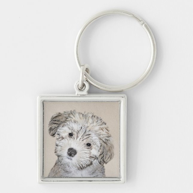 Havansk marionettmålning - Cute Original Hund Art Fyrkantig Silverfärgad Nyckelring (Framsidan)