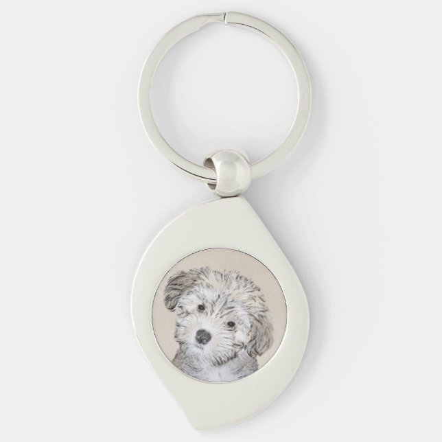 Havansk marionettmålning - Cute Original Hund Art Swirl Silverfärgad Nyckelring (Framsidan)