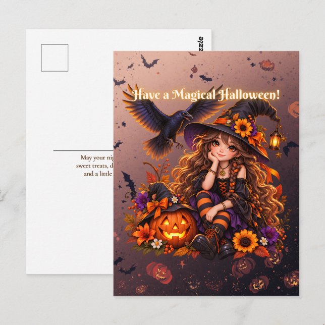 Have a Magical Halloween Cute Witch Vykort (Fram/baksida)