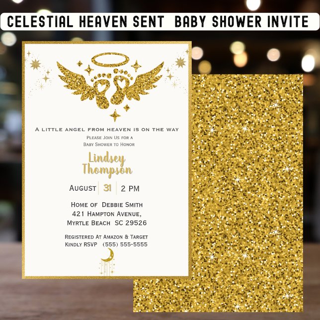 Haven Sent Angel Guld Glitter Baby Shower Inbjudningar (Skapare uppladdad)