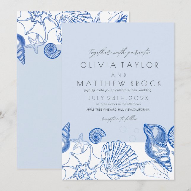 Havets blå Snäckor Modern Bröllop Inbjudningar (Fram/baksida)