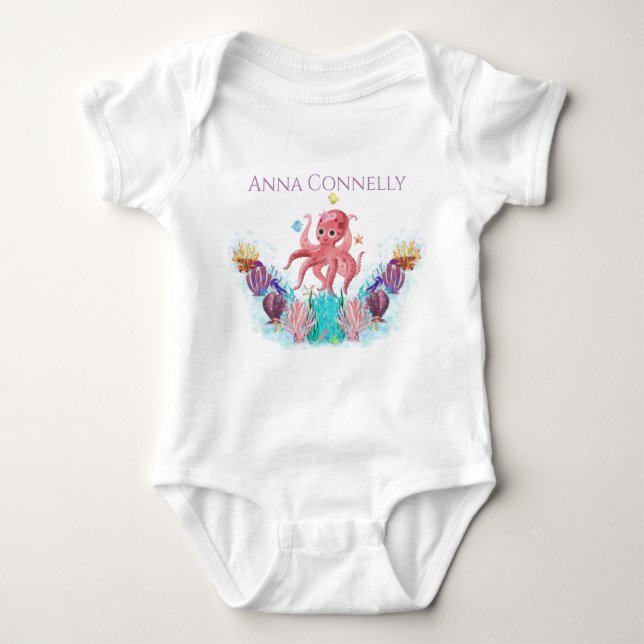 Havets färgade Cute Baby Octopus 1:a födelsedag T Shirt (Framsida)