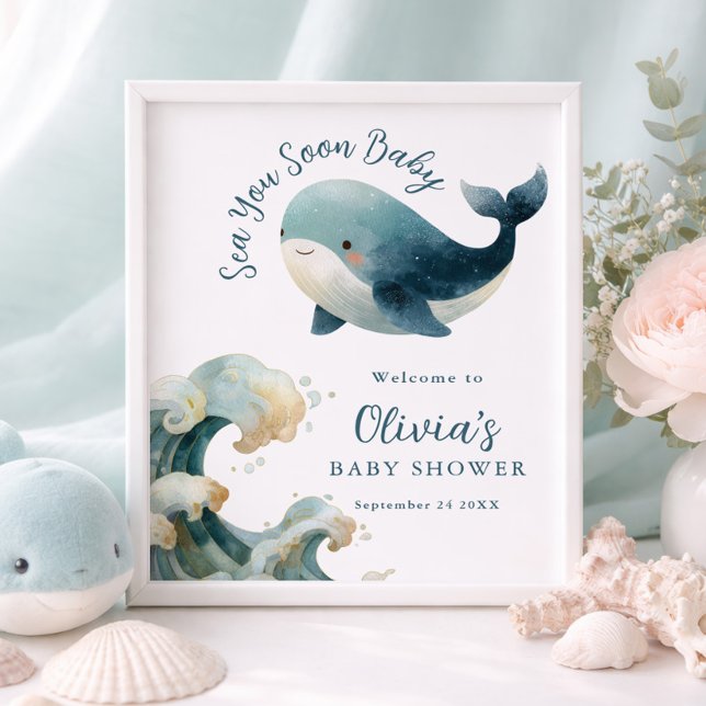 Havets glada möte snart valfisk babyfirande vit poster (Skapare uppladdad)