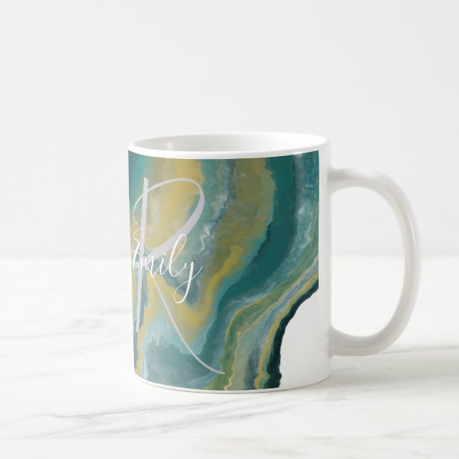 Havets Grönt Agate Marble Abstrakt Namn Monogram Kaffemugg (Höger)