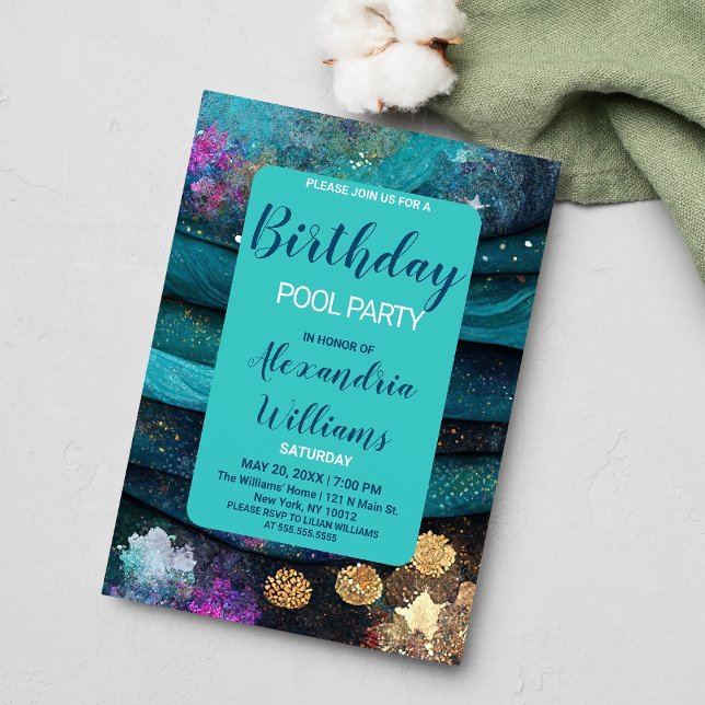 Havets havsbottendag vid rosa guld sjöjungfru inbjudan vykort (Ocean nautical teal pink gold mermaid Birthday Invitation)