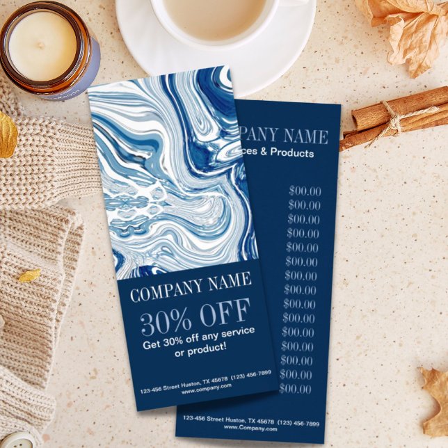 Havets havsfärgade marmelad reklamkort (beach nautical ocean watercolor blue marble rack card)