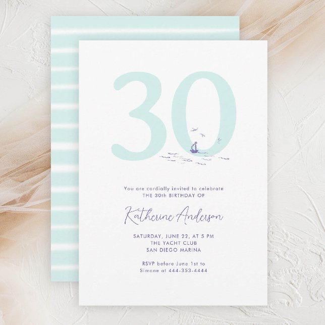 Havets havskusten Elegant 30års födelsedag Inbjudningar (30TH birthday invitation her coastal nautical boat yacht beach waterfront ocean marina modern)