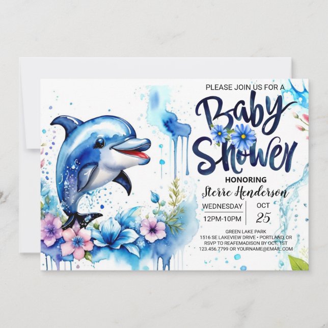 Havets Kembrace: Dolphin Baby Shower Inbjudningar (Framsida)