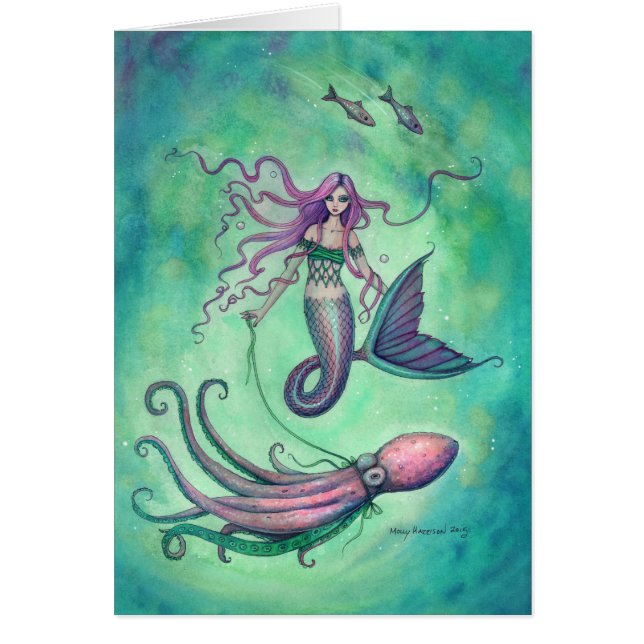 Havfrue med bläckfisk Fantasy Art Illustration Hälsningskort (Framsidan)