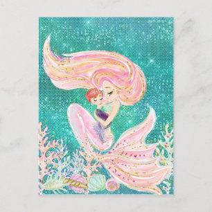 Havfrue Mor med Baby Glitter Hav Vykort