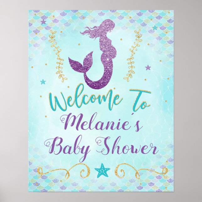Havfruebabyshower velkomstskylt plakat baggrund poster (Framsidan)