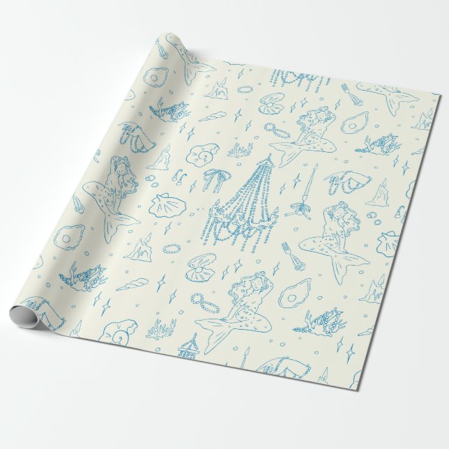 Havfrunprinsessa Ocean Fantasy Blå Toile-mönster Presentpapper (Utrullad)