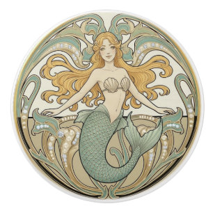 Havfrusgrön kräm & Guld Art Nouveau Hav Ocean Knopp
