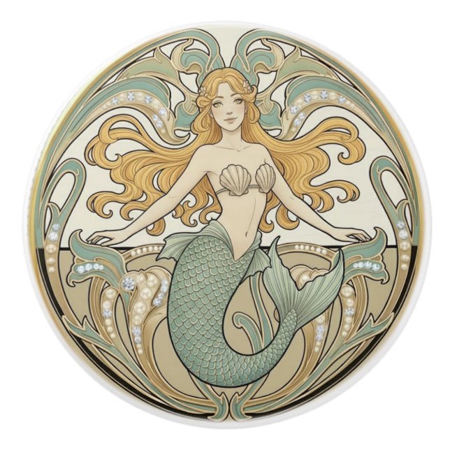 Havfrusgrön kräm & Guld Art Nouveau Hav Ocean Knopp (Framsidan)