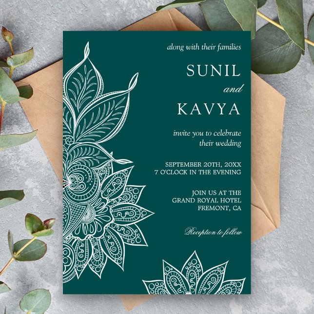 Havgrön Mehendi Henna Indisk Bröllopsinbjudan Inbjudningar (Skapare uppladdad)