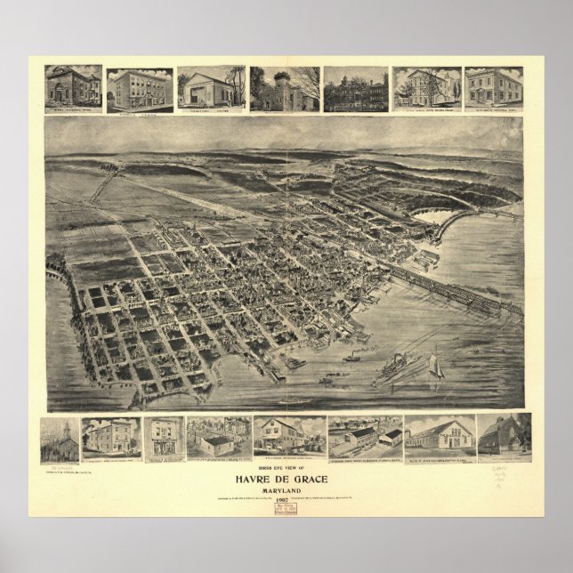 Havre de Grace Maryland 1907 Antique Panoramic Kar Poster (Framsidan)
