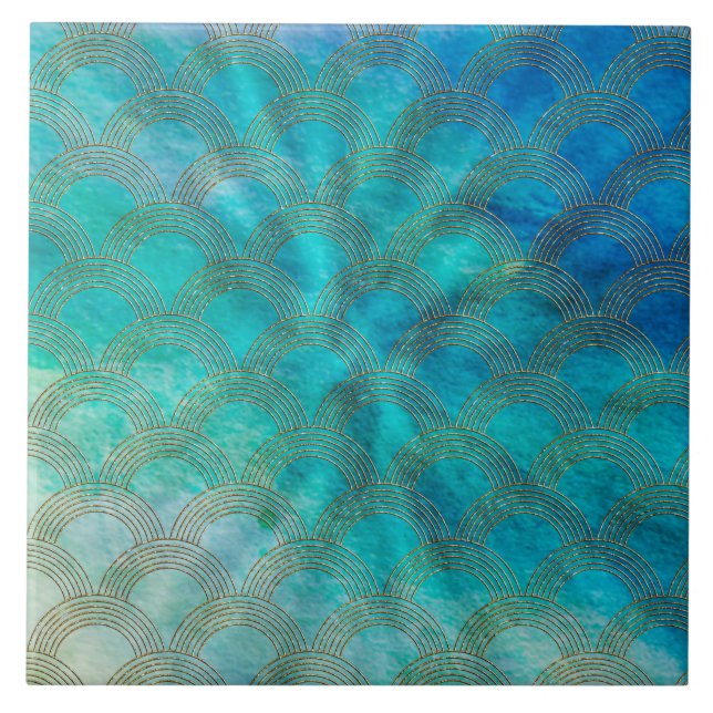 Havs- och sjöjungfrufjäll i aqua och guld kakelplatta (Framsidan)