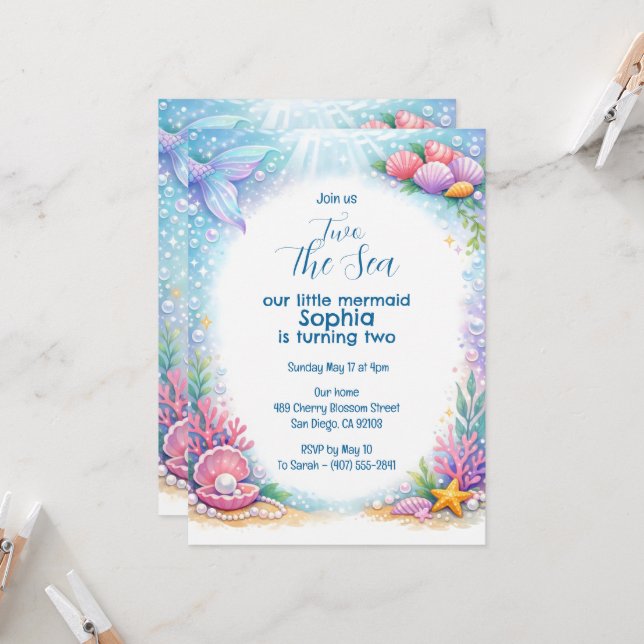 Havs Sjömansflickor Under Havet 2-års Födelsedag Inbjudningar (Fram/Back In Situ)