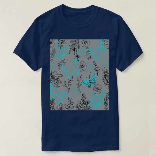 Havsblå fjärilar i Ultimate Grått-skogen T Shirt (Design framsida)