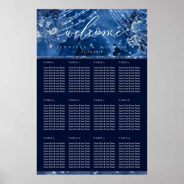 Havsblå marinblommig sittplan för bord poster (Framsidan)