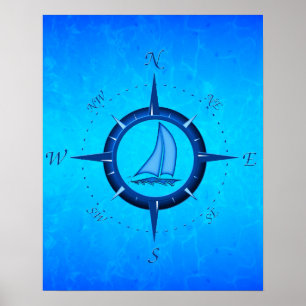 Havsblå segelbåt och komass Ro Poster