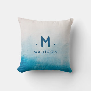 Havsblå vattenfärgsfamilj Namn Monogram Thrid Kudde